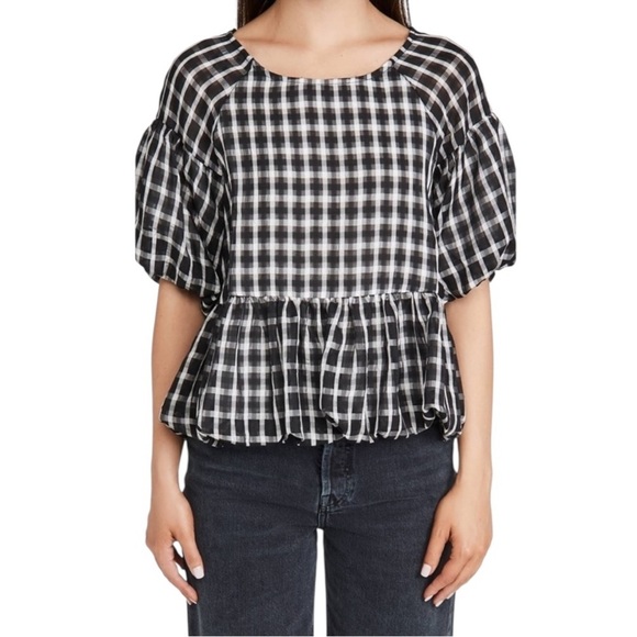 NWT Tuckernuck Moon River Puff Sleeve Checked Top Black Size M - Picture 4 of 13